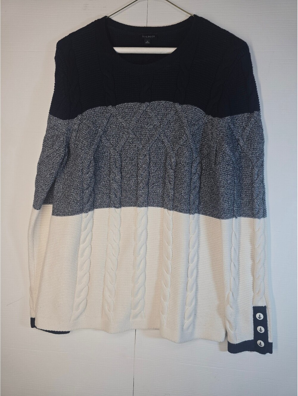 Talbots Womens Medium Cable Knit Colorblock Sweater Nautical Anchor Cuffs